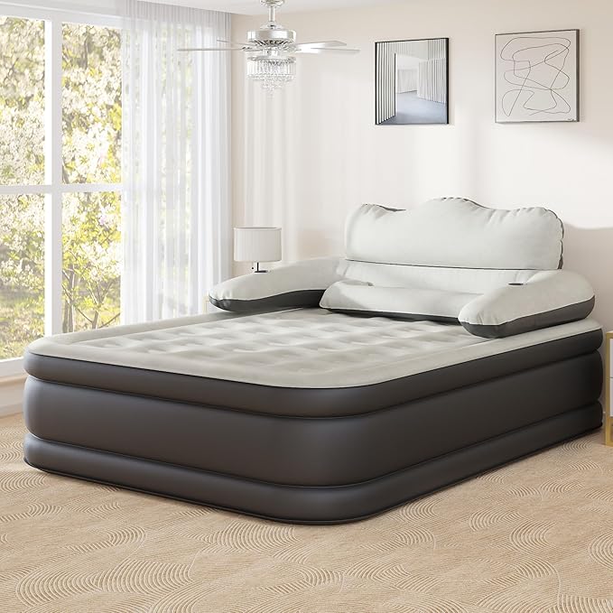 YITAHOME Queen Size Air Mattress with Headboard, 18in Inflatable with Pillow, Blow Up Mattress with Removable Electric Pump, Comfort Air Bed Queen for Camping & Home, Black & Gray