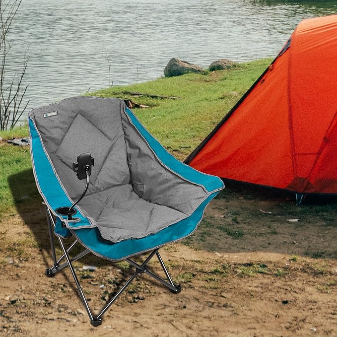 CAMPHILL Folding Camping Chair,Oversized Portable Camping Chair with Cup Holder and Phone Holder,Heavy Duty Padded Lawn Chair for Camping,Tailgates,Beach,and Sports,Lake Blue