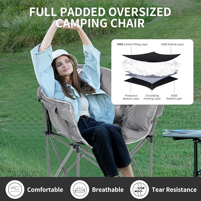 Oversized Heated Camping Chair, 3 Heating Levels Soft Padded Camp Chairs with Pillow and Storage Bag, Portable Folding Outdoor Heated Moon Chair for Camping Lawn Patio Beach and Picnics, Grey