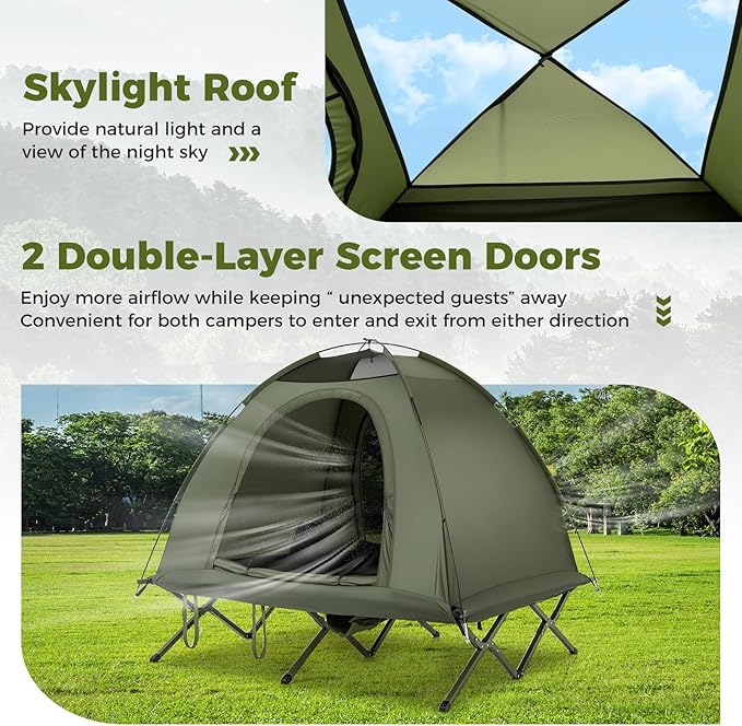 GYMAX 2-Person Tent Cot, 3 in 1 Folding Off-Ground Cot Bed Combo with Portable Wheeled Bag, Waterproof Rainfly, 2 Mesh Doors & Skylight Roof for Hiking, Backpacking, Outdoor