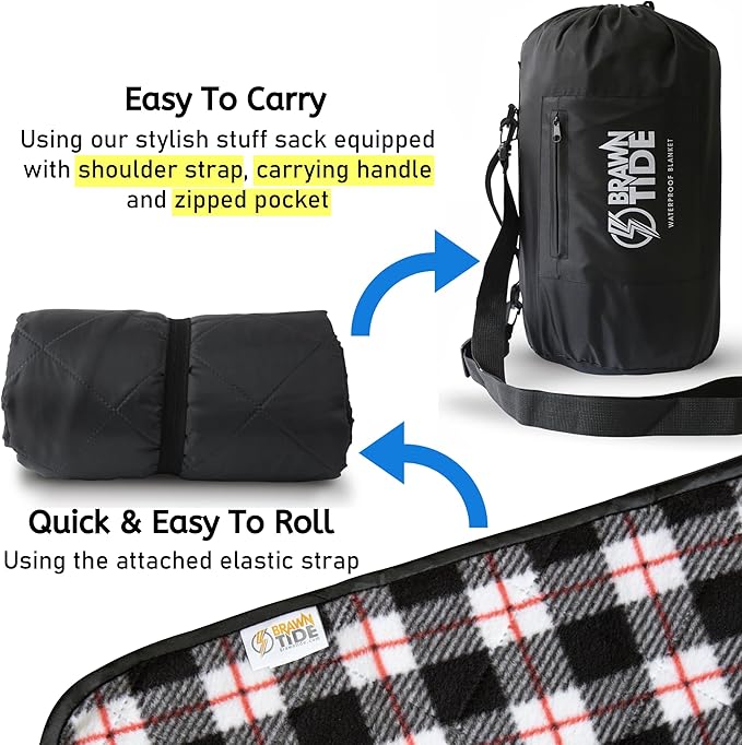 BRAWNTIDE Large Outdoor Waterproof Blanket - Extra Thick Fleece, Warm, Windproof, Sandproof, Quilted, 82" x 55", Ideal for Beaches, Picnics, Camping, Stadiums, Dogs, Car