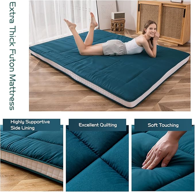 MAXYOYO Futon Mattress, Padded Japanese Floor Mattress Quilted Bed Mattress Topper, Extra Thick Folding Sleeping Pad Breathable Floor Lounger Guest Bed for Camping Couch, Bluestone, Queen