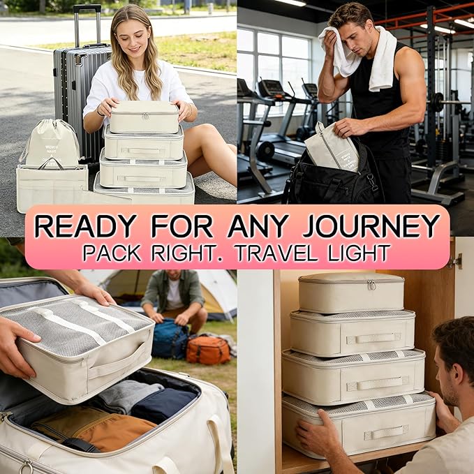Packing Cubes for Travel - 8 PCS Compression Packing Organizers Set, Water-Resistant Luggage Organizers with Laundry Bag for Suitcase, Travel Bags Organizer for Efficient Packing (Black)