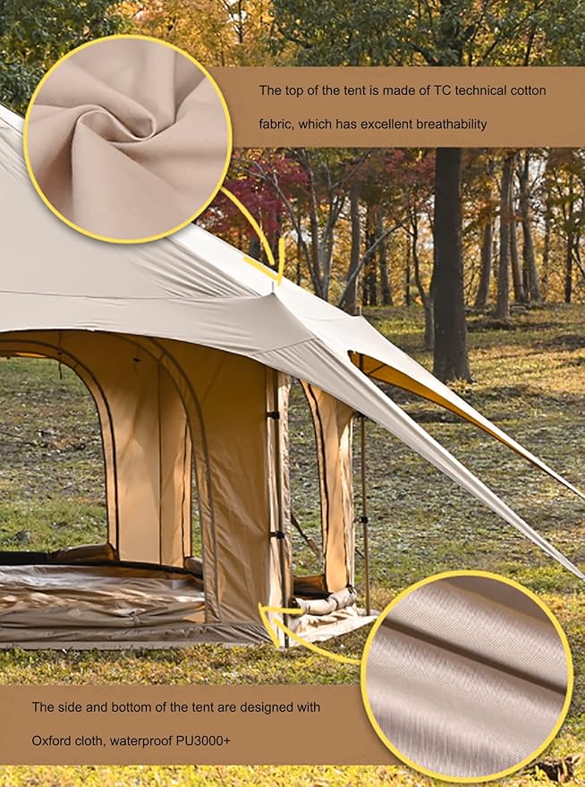 Outdoor Waterproof Cotton Canvas Tent, 4 Season Family Camping Bell Tent 8-10 Person with Stove Jacks for Glamping and Festivals and Human Shelter for Inhabiting or Leisure(Beige)