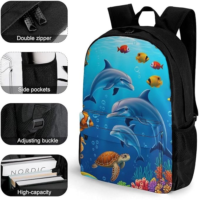 Lightweight Daypack for Camping Business Walking Cycling, Large Capacity Anti-Theft Multipurpose Bookbag, Dolphins Sea Underwater Beautiful World Gym Outdoor Hiking Backpack