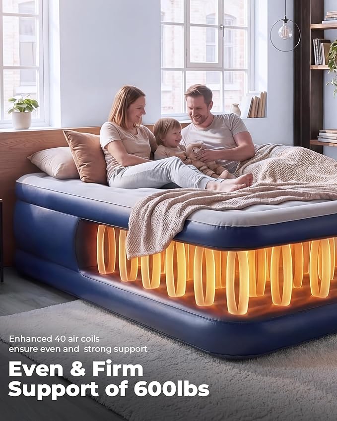 Full Size Air Mattress with Built in Pump, 18" Raised Inflatable Bed for Guest Room, 3-Min Quick Self-Inflating Airbed for Home Use Heavy Duty 600lbs Capacity