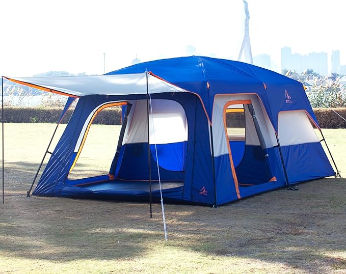 KTT Extra Large Tent 6-10-12-14 Person(Style-B),Family Cabin Tents,2 Rooms,3 Doors and 3 Windows with Mesh,Straight Wall,Waterproof,Double Layer,Big Tent for Outdoor,Picnic,Camping,Family Gathering
