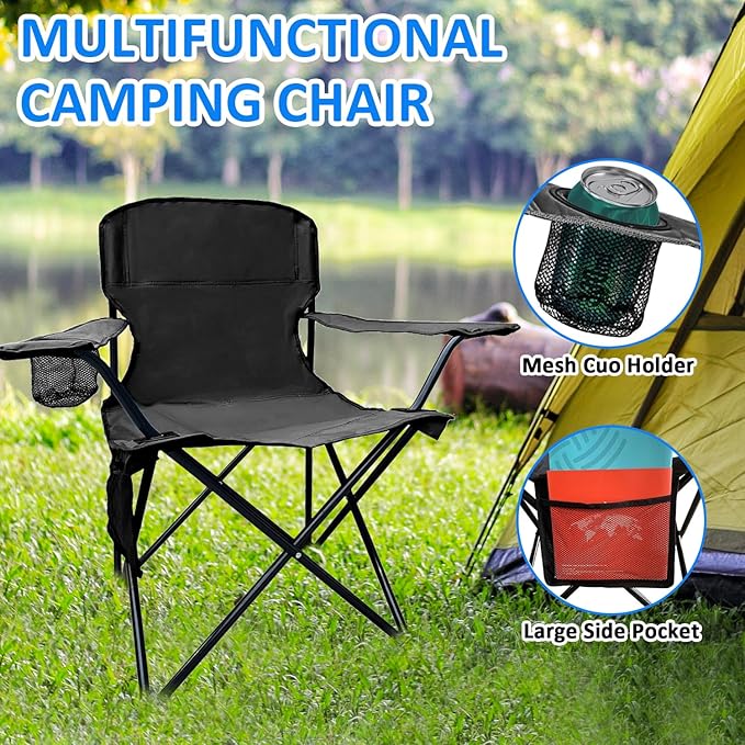 Folding Camping Chair, 225lb Capacity, Includes Cup Holder & Side Storage Bag, 5.5lbs Portable for Beach, Camping, Sport,2PCS Black
