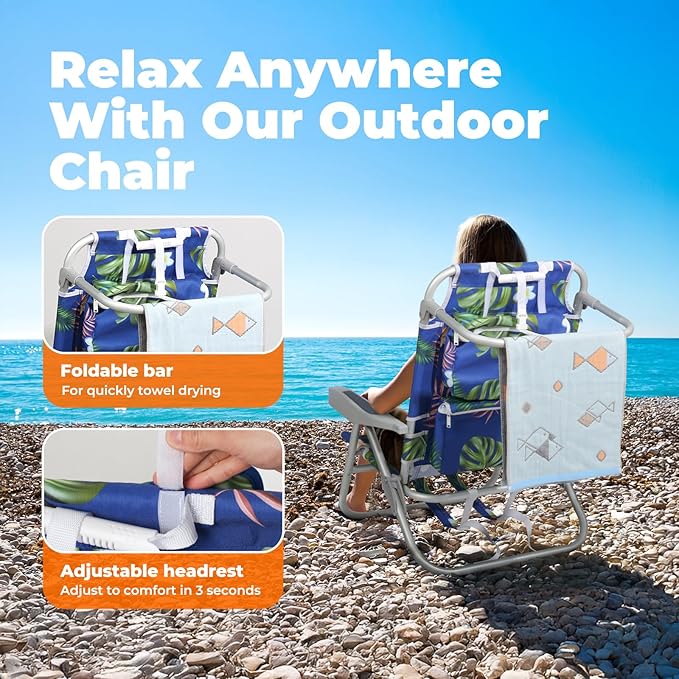 Low Beach Chairs for Adults - 5-Position Reclining Backpack Chair with Large Insulated Cooler & Storage Pocket, Aluminum Frame, Portable for Travel & Outdoor, Supports 300lbs, Tropical Palm