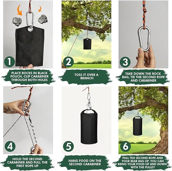 15L Black Bear Food Bag Hanging System, IPX 5 Grade Waterproof Leakproof, with Pulley System, Survival Ropes, Clips, Rock Pouch, for Camping Hiking