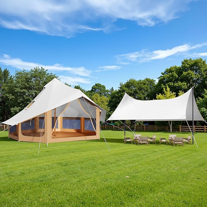 SPECRAFT Canvas Bell Yurt Tents & Inflatable Tent for Camping, Waterproof Glamping Tent with Stove Jack, Breathable Mesh, Snowproofing Spacious 4-Season Family Shelter for Outdoor, Camping, Parties