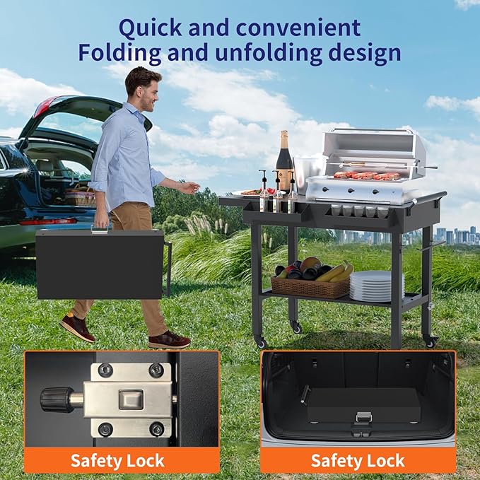 Portable BBQ Grill Cart with Prep Table, Outdoor Folding Utility Table with Wheels, Spice Rack, Bottle Opener