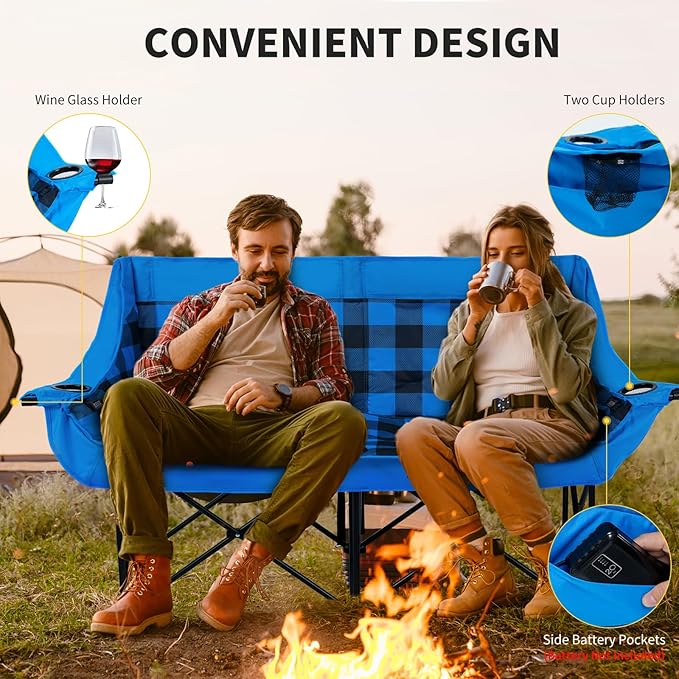 DoCred Heated Double Camping Chair, Folding 2 Person Camping Chairs Loveseat Outdoor Sports,Heated Oversized Lawn Chairs for Adults,Heating Camp Chair with 3 Heat Levels, Battery NOT Included
