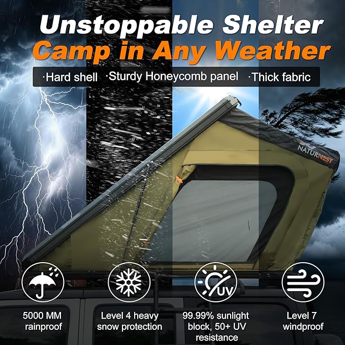 Naturnest Rooftop Tent Hard Shell, Easy Set Up Pop Up Tent for 2 Person Camping, Waterproof UV-Resistant Blackout Privacy 4 Season Tent for Truck, Jeep, SUV, Van, Trailer - Polaris 2