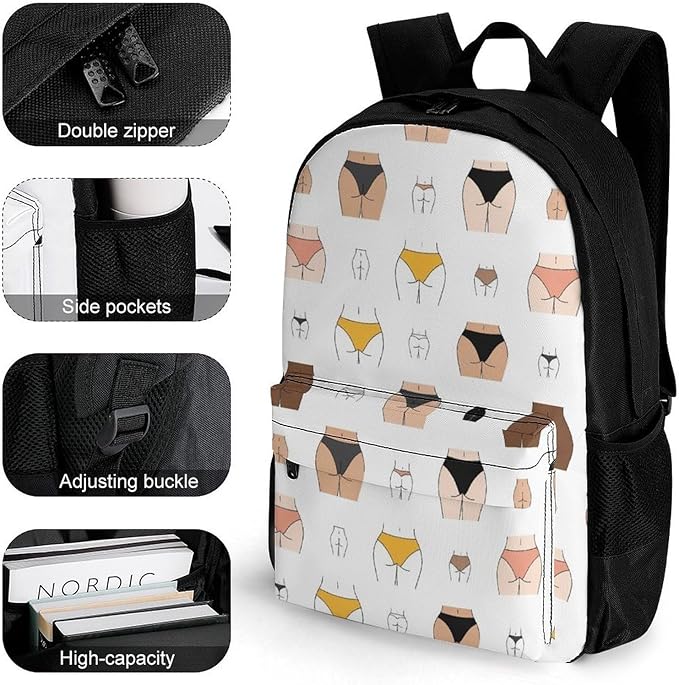 Daypack Anti-Theft Multipurpose Large Capacity Shoulder Bag, Naked Butt Yellow Black White Skintones Funny Travel Hiking Camping Rucksack With Smooth Zippers