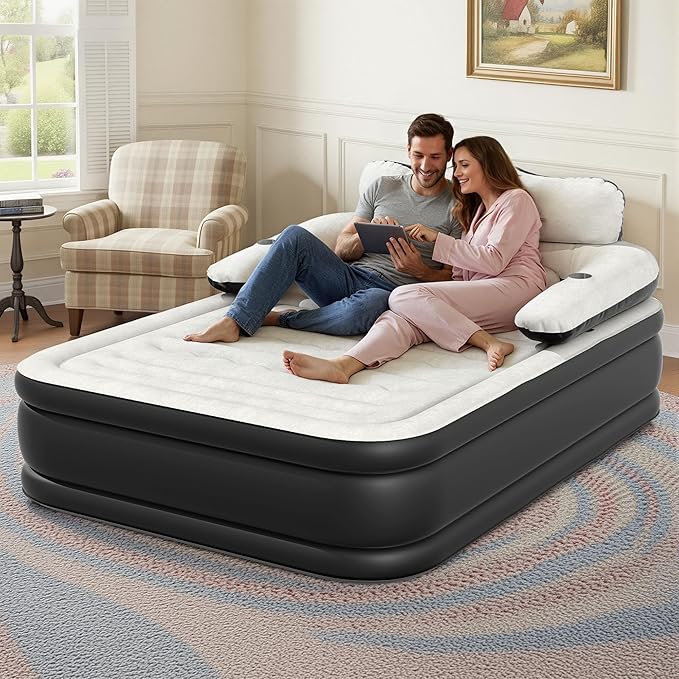 DWVO Queen Size Air Mattress with Headboard & Cup Holders, Blow Up Bed with Built-in Pump & Carry Bag, Fast Inflation Air Bed for Home, Guests & Camping, 60" x 80" x 36", Gray