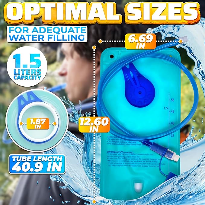 Water Bladder for Hiking Backpack – 1L/1.5L TPU Material Hydration Bladder with Readable Markup, Large Opening Lid, Mouthpiece Cap & Easy Tube Connection – Water Pouch for Backpac , Camping Trips
