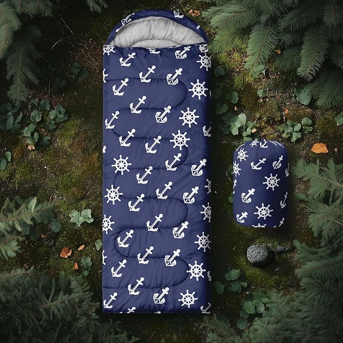 AILONEN Boys Sleeping Bag for Camping,Nautical Anchor,Lightweight & Waterproof,3 Season Warm & Cool Weather,Navy Blue Sleeping Bags for Kids Men Travelling,Outdoors