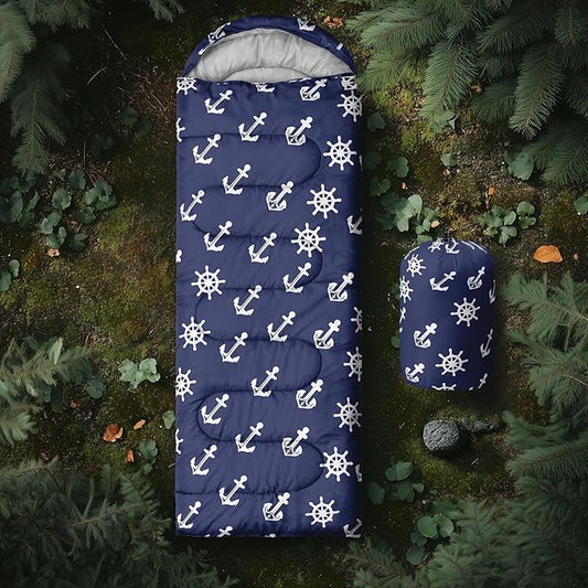 AILONEN Boys Sleeping Bag for Camping,Nautical Anchor,Lightweight & Waterproof,3 Season Warm & Cool Weather,Navy Blue Sleeping Bags for Kids Men Travelling,Outdoors