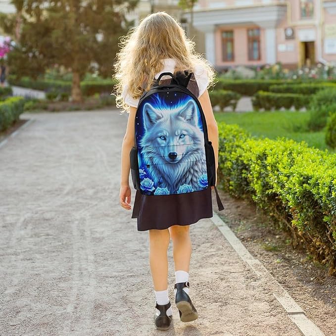 Daypack Backpack Polyester Anti-Theft Multipurpose White Galaxy Wolf With Blue Rose Bookbag Big Capacity Travel Hiking Camping Rucksack With Smooth Zippers