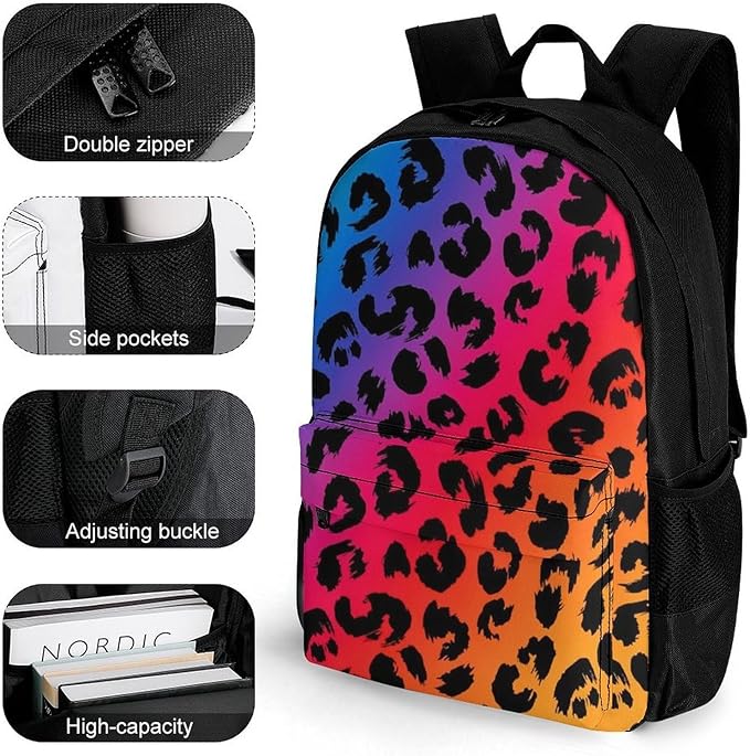 Polyester Daypack Backpack for Climbing Outdoors Running, Big Capacity Multipurpose Anti-Theft Bookbag, Colorful Rainbow Cheetah Leopard Print Travel Hiking Camping Rucksack