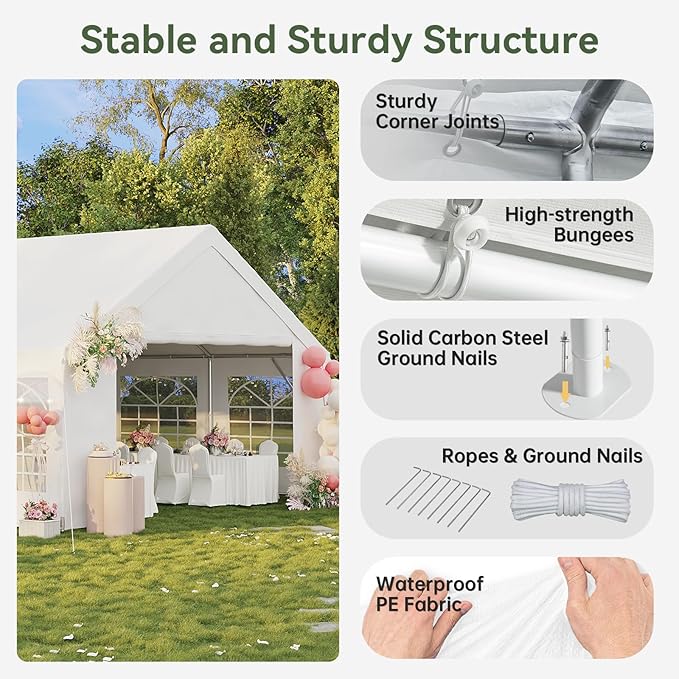 Aoxun 20x20 Party Tent Canopy for Weddings Waterproof Event Tent with Removable Sidewalls &Roll-up Door, Heavy-Duty Steel Frame for Outdoor Weddings, BBQ, Birthday Parties, & Camping,White