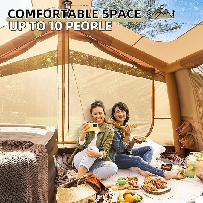 EROMMY 4/6/8/12 Person Inflatable Tent with Skylight, 4 Season Blow Up Tents with Hand Pump for Outdoor Camping & Hiking, Easy Set-up Windproof Sunproof Waterproof