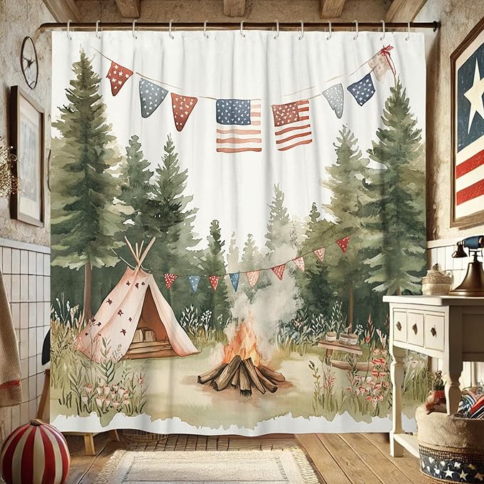 Camping Shower Curtain, Watercolor Peach Tent and Campfire Bath Curtain for Bathroom Decor, Summer Outdoor Rustic Bohemian Waterproof Fabric Shower Curtain Set with Hooks 72x78 Inch