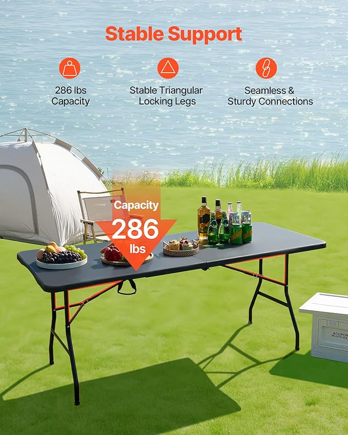 VEVOR Folding Table, 6 Ft Heavy Duty Portable Fold-in-Half Utility Table, Indoor Outdoor Plastic Rectangle Table with Built in Handle, for Party, Dining, Wedding, Events, Picnic, Camping, Black