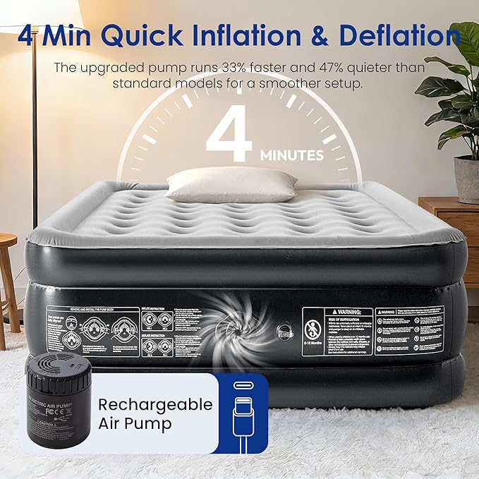 Camping Air Mattress Queen with Built in Pump 18" Thickness 660lbs Heavy Duty Comfortable Blow up Air Mattress with Carry Bag Inflatable Foldable Flocked Top Air Bed for Travel, Home (Black & Grey)