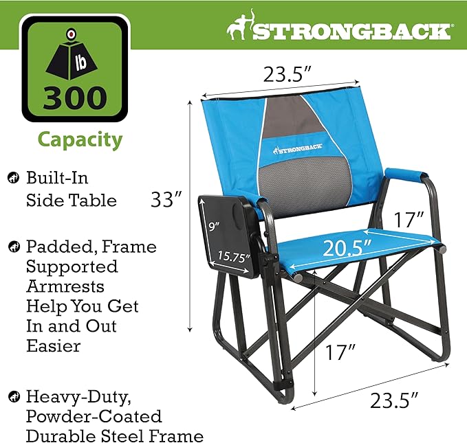 STRONGBACK Outdoor Chair Director Portable Camping Chair with Lumbar Support and Side Table - Heavy-Duty Foldable Chair - Blue/Grey