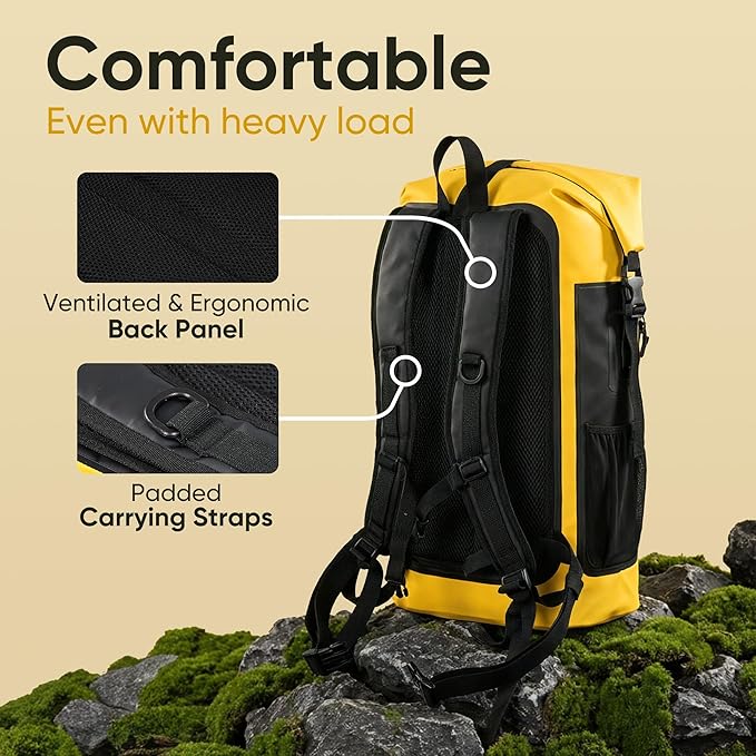 Dry Bag 35L for Men & Women Roll-Top Hiking Backpack with IPX8 Waterproof Phone Case & Detachable Mini Backpack for Kayaking Boating Cushioned Padded Back Yellow