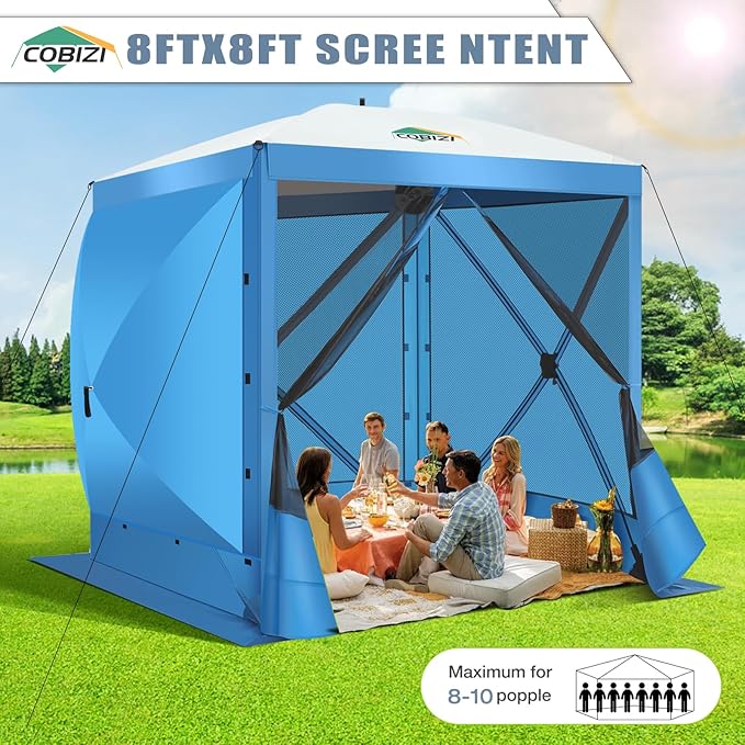 COBIZI 6x6FT Pop Up Gazebo Screen Tent Screen House for Camping, Screen Room with Sidewalls and Mosquito Netting, Hub Tent Instant Screened Canopy with Carrying Bag and Ground Stakes, Blue