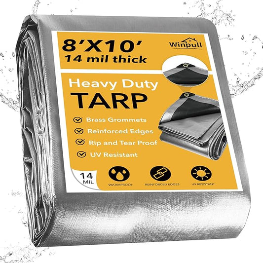 Tarp 8x10 Feet 14 Mil Heavy Duty Waterproof Tarp, Large Multipurpose Cover with Brass Grommets and Reinforced Edges, UV Resistant Thick Poly Tarps for Outdoor Camping Tent Pool Car