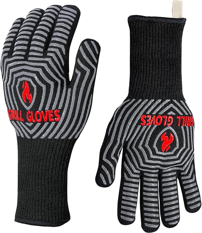 QUWIN BBQ Gloves, Oven Gloves 1472℉ Extreme Heat Resistant, Grilling Gloves Silicone Non-Slip Oven Mitts, Kitchen Gloves for BBQ, Grilling, Cooking, Baking-1 Pair… (Black, One Size(Long Cuff))