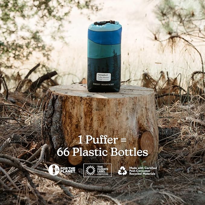 Nomadix Smoky Mountains Puffer Blanket – Water-Resistant, Eco-Friendly Insulated Blanket with Snaps for Camping, Beach, and Travel, Made from Recycled Materials