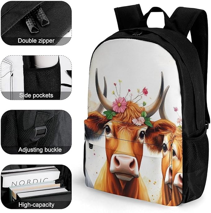 Polyester Daypack Bookbag for Gym Business Bicycle, Large Capacity Multipurpose Anti-Theft Carry On Bag, Cute Highland Cow Family Travel Hiking Daypack