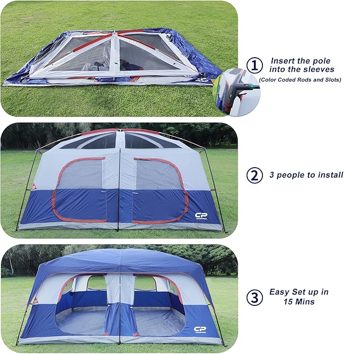 CAMPROS CP 12 Person Cabin Tent, 2 Room Extra Large Straight Wall Camping Tents Waterproof Windproof with Top Rainfly, 6 Large Mesh Windows, Double Layer, Easy Set Up Family Tent