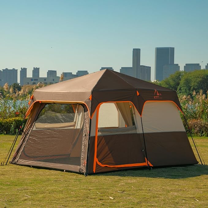 KTT Extra Large Tent 6-10-12-14 Person(Style-B),Family Cabin Tents,2 Rooms,3 Doors and 3 Windows with Mesh,Straight Wall,Waterproof,Double Layer,Big Tent for Outdoor,Picnic,Camping,Family Gathering