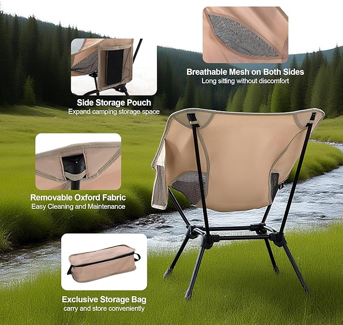 Camping Chair Portable Lightweight Camping Chairs for Adults Foldable 600D Oxford Ultralight Backpacking Chair with Breathable Mesh and Pocket for Outdoor Travel Hiking,Beige