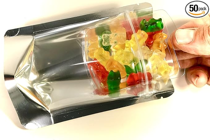 Smell Proof Odor Free Mylar TRAYBAGS (50 pack) 4inch x 5.5inch Foil Stand Up Pouch, Strong Reusable Zip Seal, 4 Mil Thick. Snack, Travel & Display. Food Grade Storage Bags