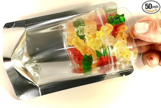 Smell Proof Odor Free Mylar TRAYBAGS (50 pack) 4inch x 5.5inch Foil Stand Up Pouch, Strong Reusable Zip Seal, 4 Mil Thick. Snack, Travel & Display. Food Grade Storage Bags