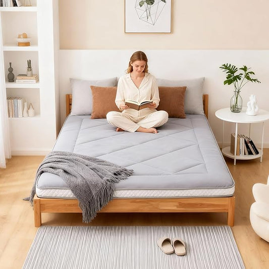Welnow Japanese Futon Floor Mattress, Thick Queen Size Tatami Mat Portable & Foldable Roll Up Floor Bed Mattress with Storage Bag, Sleeping Pad for Adults, Dorm, Guest Bed, Camping and Travel, Grey