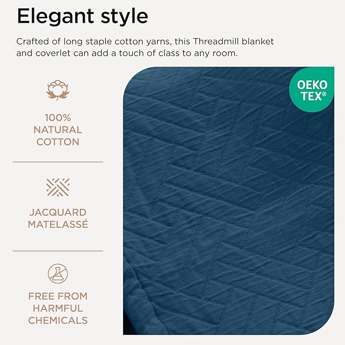 Threadmill Luxury Cotton Blankets for Queen Size Bed | All-Season 100% Cotton Queen Size Blanket | Criss Cross Cozy Lightweight, Soft Breathable Coverlet fits Full Size Bed, 90x92 | Folkstone Blue