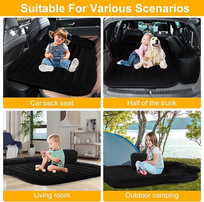 Car Air Mattress Portable Car Bed Back Seat Camping Bed Inflatable Dog Bed for Car Universal SUV Camping Mattress with Car Air Pump 2 Pillows (Black)