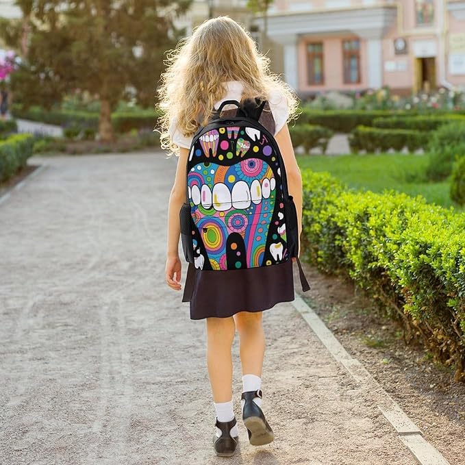 Daypack Bookbag Multipurpose Anti-Theft Big Capacity Carry On Bag, Cartoon Teeth Dental Art Travel Hiking Camping Rucksack With Padded Straps