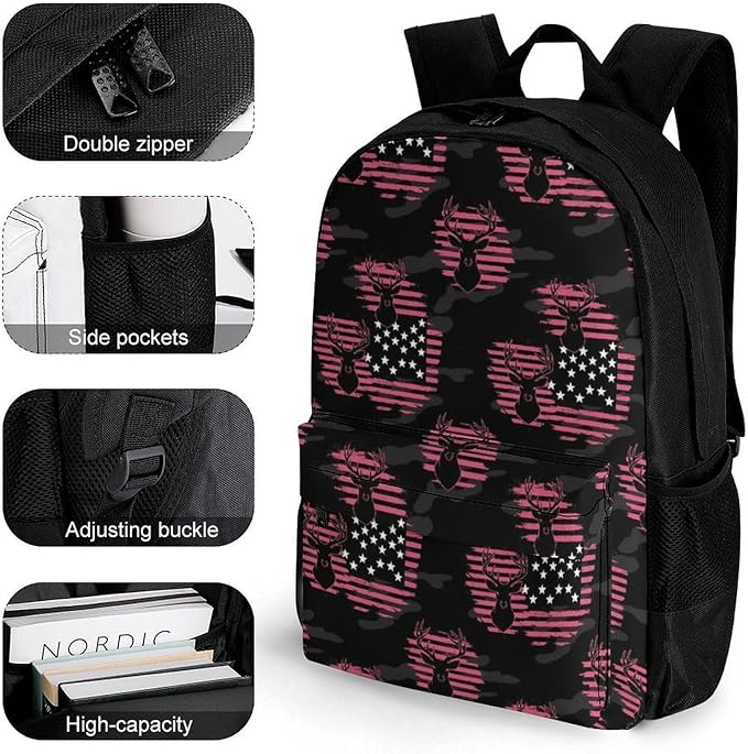 Men Women Lightweight American Flag Hunting Camo Deer Pink Camouflage Casual Daypack Large Capacity Bookbag With Adjustable Shoulder Straps for Gym Business Bicycle