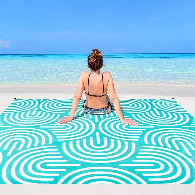 Beach Blanket, 78''×86'' Large Waterproof Sandproof Beach Mat for 2-4 Adults, Lightweight Compact Sand Free Outdoor Picnic Blanket with 4 Stakes & 4 Corner Pockets