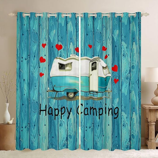Erosebridal Happy Camping Window Drapes Cartoon Camper Blackout Curtains 38" Wx54 L RV Camper Decor Curtains for Bedroom Living Room,Vintage Farmhouse Window Treatments 2 Panels