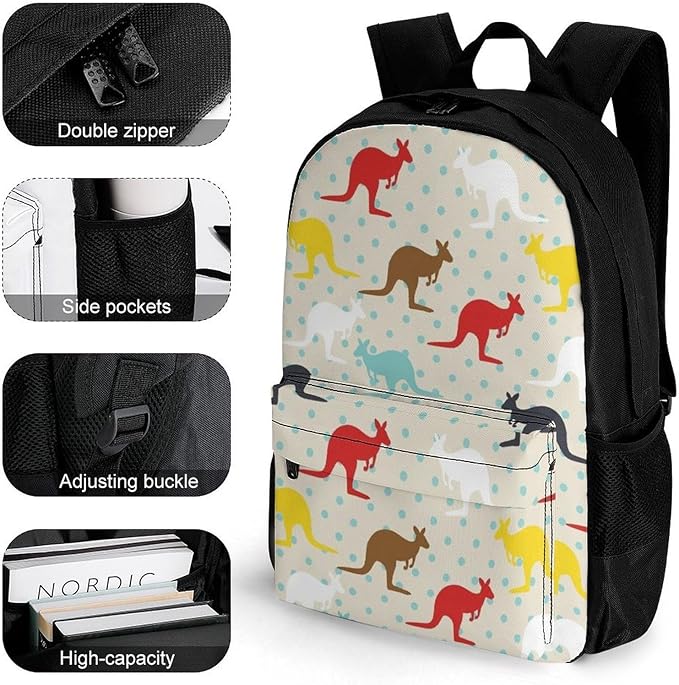 Daypack Bookbag Anti-Theft Multipurpose Large Capacity Bookbag, Unique Kangaroo Australia Travel Hiking Camping Rucksack With Adjustable Shoulder Straps